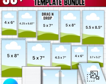 May include: A digital bundle of 30+ spiral notebook cover templates featuring a landscape graphic with green hills and white clouds. The templates include various sizes in inches such as 4x6, 5x7, 5x8, 5.5x8.5, 4.5x7, and 3.7x5.2, with drag and drop functionality.