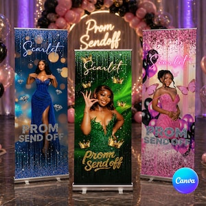 May include: Three vertical banners for a prom send-off event. Each banner features a photo of a person in a formal dress. The banners are blue, green, and pink, with the words "Scarlet" and "Prom Send Off" in glittery text.