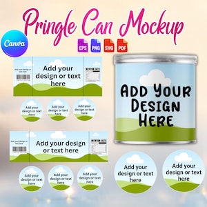Op de afbeelding: Een digitaal sjabloon voor een cilindervormige snackbus met een lichtblauwe lucht, witte wolken en groene heuvels. Het ontwerp bevat rechthoekige en ronde labels met de tekst Add your design or text here en de aanduiding Nutrition Facts.