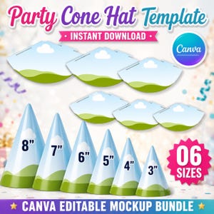 Könnte beinhalten: Ein digitales Party-Hütchen-Vorlagenpaket in sechs Größen von 3 bis 8 Zoll. Das Design zeigt einen blauen Himmel mit weißen Wolken und grünen Hügeln. Das Bild enthält den Text Party Cone Hat Template, Instant Download, Canva und 06 Sizes.
