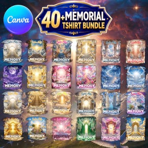 Peut inclure: Une collection numérique de plus de 40 motifs de t-shirts commémoratifs avec des thèmes célestes, incluant des portes, des escaliers, des nuages et des rayons lumineux. Chaque graphique inclut le texte In Loving Memory et des espaces.