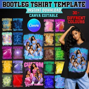 May include: A black t-shirt template with a custom design, featuring a group of women in blue outfits. The design includes the text "CUSTOM" and "Your name", with a lightning bolt effect. The words "BOOTLEG TSHIRT TEMPLATE" and "INSTANT DOWNLOAD" are also visible.