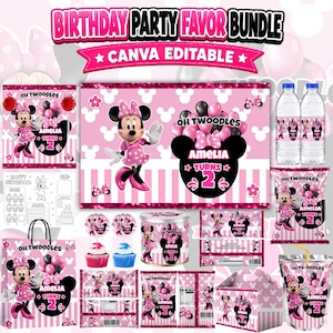 May include: A digital birthday party favor bundle featuring Minnie Mouse graphics in pink and black. The set includes templates for water bottle labels, chip bags, cupcake toppers, favor bags, and activity sheets with the text Oh Twoodles Amelia Turns 2.