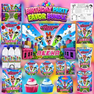 May include: A Powerpuff Girls birthday party favor bundle featuring colorful graphics of Blossom, Bubbles, and Buttercup in Townsville. The set includes custom labels for water bottles, chip bags, cupcake toppers, a gift bag, and activity sheets.