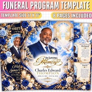 Puede incluir: Una plantilla de programa funerario de 17 por 11 pulgadas, que incluye 8 páginas. El diseño presenta el retrato de un hombre con traje azul, texto dorado que dice In Loving Memory, Charles Edward Thompson y detalles florales azules y blancos.