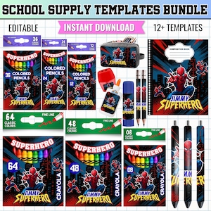 May include: A digital school supply templates bundle featuring superhero-themed designs with Spider-Man graphics. The set includes editable labels for colored pencils, crayons, glue, a pencil case, a composition book, and pens, all with a city skyline background.