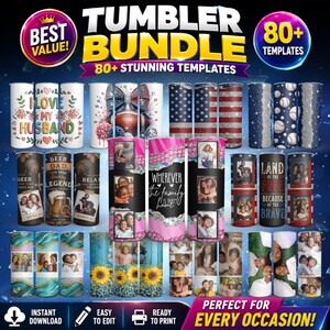 May include: A digital collection of over 80 tumbler templates featuring diverse designs including floral patterns, American flag motifs, baseball themes, beer graphics, and customizable photo collage layouts with text like I LOVE MY HUSBAND.