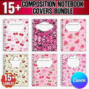 May include: A digital collection of six spiral-bound composition notebooks featuring pink and red patterns including cherries, bows, hearts, watermelons, and smiley faces. Each cover displays a white label with the text Composition Book.