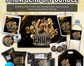 Black-Gold Prom Send Off Treat Template, Canva Editable Prom Party Favor Bundle,Chip Bag Candy Wrapper Snack Label,Class of 2026 Event Decor