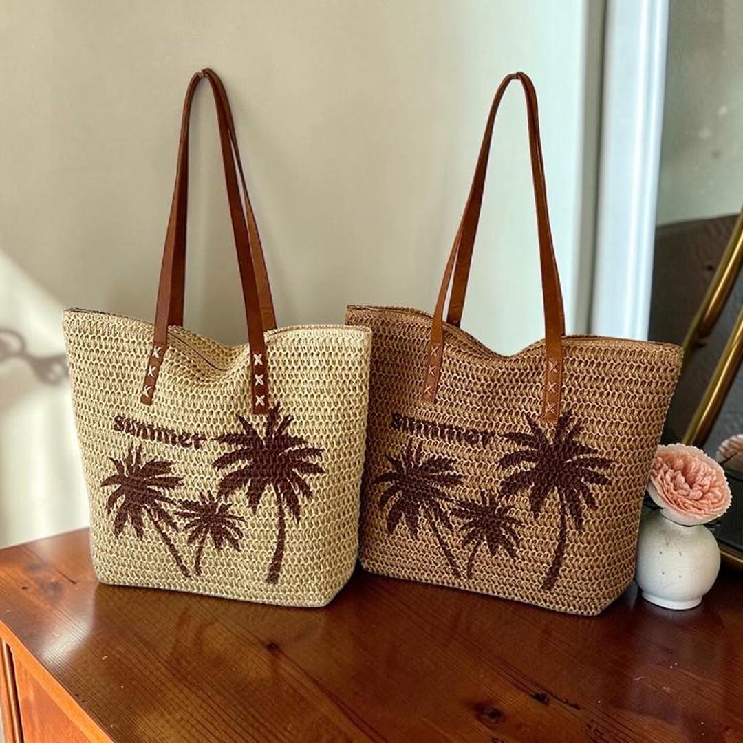 Summer Tree Print Straw Shoulder Bag Large Capacity Women’s Beach Tote ...