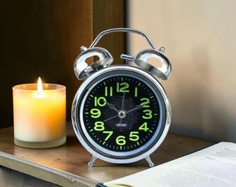 Classic Twin Bell Alarm Clock Loud Ring Metal Bedside Desk Clock Night