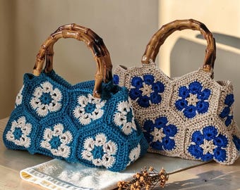 Crochet Granny Square Tote Bag Bamboo Style Handle Vintage Flower Shoulder Purse