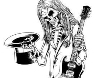 Skeleton holding guitar