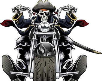 Pirate, Biker, motorcycle, chopper, Harley Davidson, Halloween, skull, skeleton, clip art