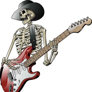 May include: A skeleton wearing a black cowboy hat plays a red electric guitar with a white pickguard.