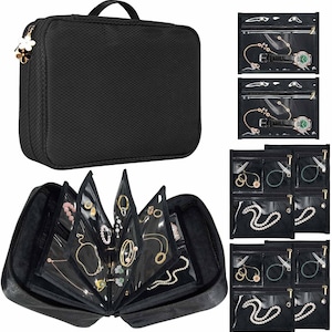 May include: Black jewelry organizer with a handle and a flower charm on the zipper. The organizer opens to reveal multiple clear pockets holding various necklaces, bracelets, and rings. Additional organizers with clear pockets are also shown.