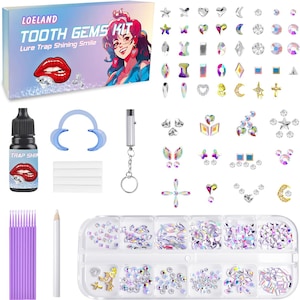 May include: A tooth gems kit with various shapes and sizes of rhinestones, applicators, and tools. The kit includes a bottle of adhesive, a mouth opener, and a curing light. The box features the text "TOOTH GEMS KIT" and an illustration of a woman.