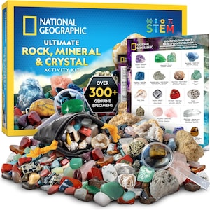 May include: National Geographic Ultimate Rock, Mineral & Crystal Activity Kit box with a STEM logo, an identification sheet, a black drawstring pouch, a magnifying glass, and a large collection of assorted colorful rocks and crystals.