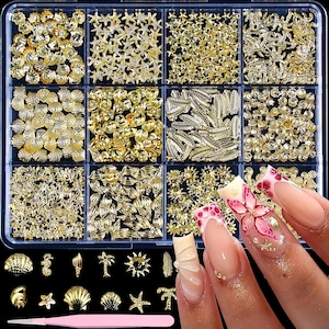 3D Metal Nail Art Studs Mixed Shape Gold Shell Seahorse Starfish Conch Alloy Nail Rivets Nail Rhinestones Seashell Tropical Ocean Gold Leaf