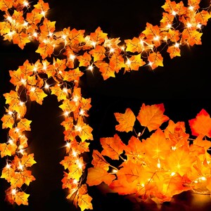 May include: A string of artificial maple leaves in shades of orange, yellow, and red, illuminated by small, bright white LED lights. The garland features detailed leaf veins and is arranged against a solid black background to highlight the glow.