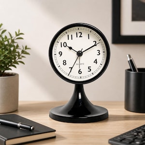 May include: A black quartz analog clock with a white face and black numerals. The clock has a round face and sits on a black pedestal base. The clock is on a wooden surface.