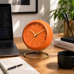 May include: An orange quartz clock with gold-colored hands and markers. The clock has a round face and is set on a gold-colored circular stand. The clock is on a wooden desk with a laptop, a notebook, and a black coffee mug.