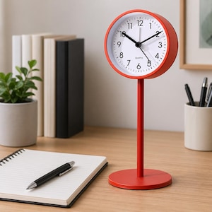 Peut inclure: Une horloge de bureau rouge avec un cadran blanc et des chiffres noirs. L'horloge a un cadran rond, une longue tige fine et une base circulaire. Elle est posée sur un bureau en bois avec un carnet, un stylo et une petite plante.