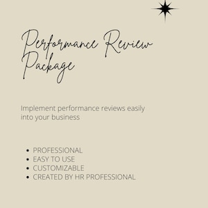Puede incluir: Gráfico beige con las palabras "Performance Review Package" en escritura cursiva. El texto debajo dice "Implemente fácilmente las revisiones de desempeño en su negocio". Características: PROFESIONAL, FÁCIL DE USAR, PERSONALIZABLE y CREADO POR UN PROFESIONAL DE RRHH.