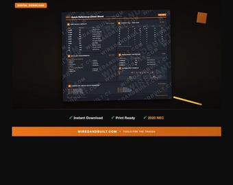 NEC Quick Reference Cheat Sheet | Electrician Printable | 2020 NEC Code Card | Instant Download