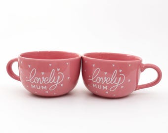 Conjunto de canecas de cerâmica rosa "Mãe" - Xícaras para chá, café e sopa com estampa de coração