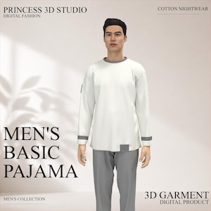 May include: A white long-sleeved pajama top with grey trim and grey pajama trousers. The image text reads "MEN'S BASIC PAJAMA" and "COTTON NIGHTWEAR". The image also includes the text "PRINCESS 3D STUDIO DIGITAL FASHION" and "3D GARMENT DIGITAL PRODUCT".