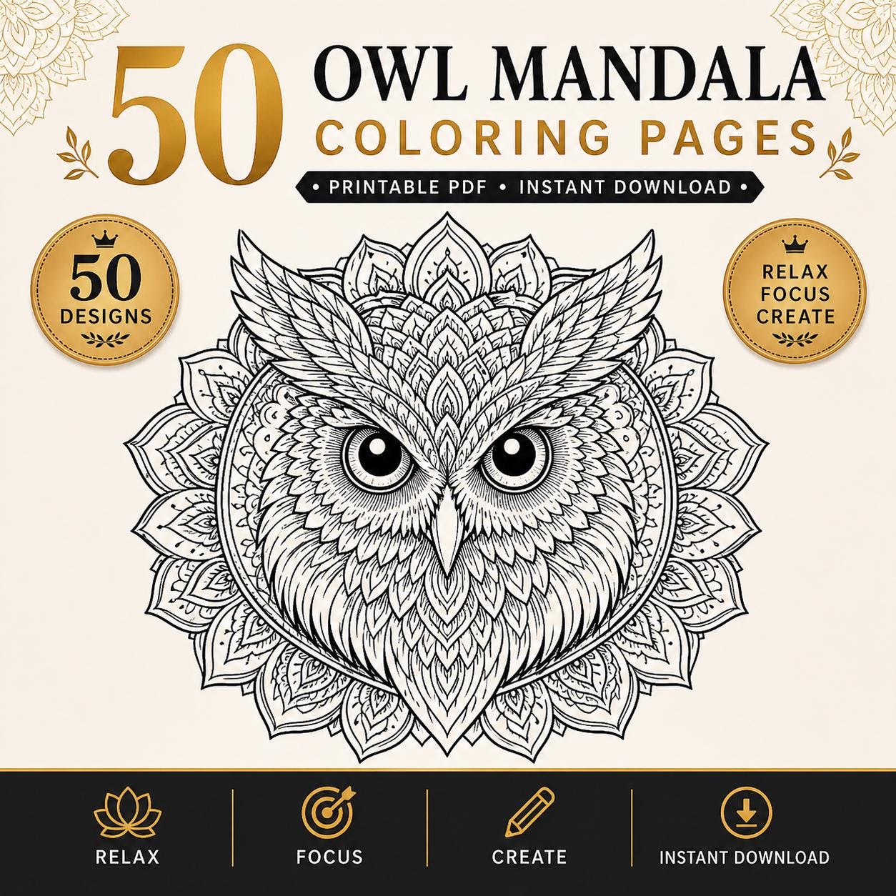 50 Owl Mandala Coloring Pages for Adults | Printable PDF | Intricate Animal Mandalas | Stress Relief