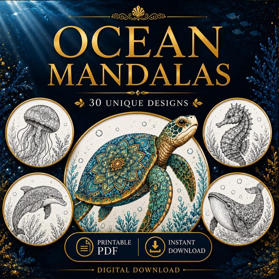 30 Ocean Animal Mandala Coloring Pages for Adults, Printable PDF