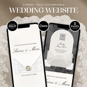 May include: Two smartphones showcasing a wedding website design. The screens display invitation details and an RSVP form. Text includes "Wedding Website," "Lauren & Marco," and "RSVP Form." The design is elegant and customizable.