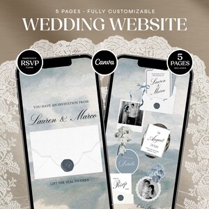 May include: Two smartphones showing a wedding website design. The design includes the text "WEDDING WEBSITE", "Lauren & Marco", and "RSVP". The website features a light blue and white colour scheme with photos and invitation details.
