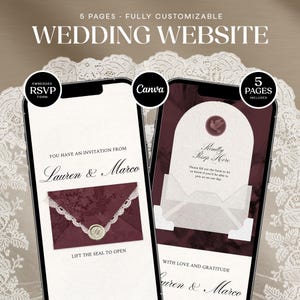 May include: Two smartphones showcasing a wedding website design. The design includes a burgundy invitation with lace detailing and the names "Lauren & Marco." The text "WEDDING WEBSITE" and "5 PAGES" are also displayed.