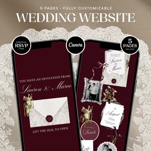 May include: A burgundy wedding website design displayed on two smartphones. The design includes the text "Wedding Website", "5 Pages - Fully Customizable", and "Lauren & Marco". The design also includes an RSVP form and Canva integration.
