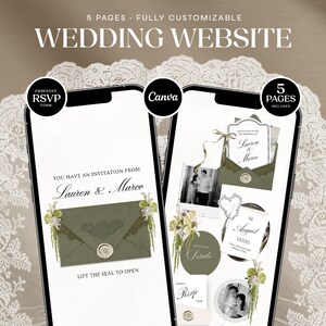May include: A wedding website design shown on two smartphones. The design includes an invitation from Lauren & Marco, RSVP form, and details. The website is fully customisable and includes 5 pages. The design features floral accents and a neutral colour palette.