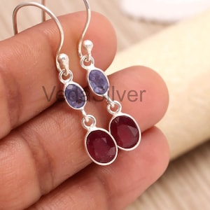 Ruby Tanzanite Dangle Earrings, 925 Sterling Silver Gemstone Drops, Minimalist Jewelry