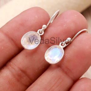 Natural Rainbow Moonstone Oval Drop Earrings, 925 Sterling Silver, Faceted Gemstone Jewelry