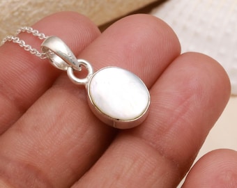 Mother of Pearl Pendant Necklace, 925 Sterling Silver Oval June Birthstone