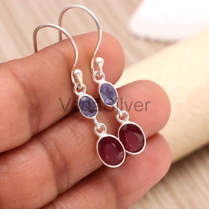 Ruby & Tanzanite Dangle Earrings 925 Sterling Silver Handmade Gemstone Drops Luxury Minimalist Jewelry Gift for Women