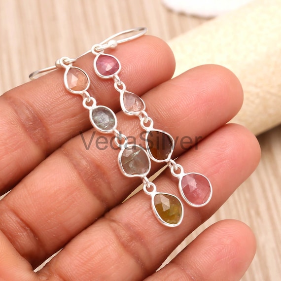 Multi Tourmaline Dangle Earrings 925 Sterling Silver Handmade Gemstone Earrings Colorful Tourmaline Drop Jewelry Gift for Women