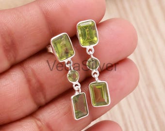 Peridot Earrings Sterling Silver Dangle Faceted Rectangle Gemstone Drop Jewelry