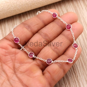 Red Ruby Faceted Round Bead Bracelet, 925 Sterling Silver Handcrafted Statement Piece