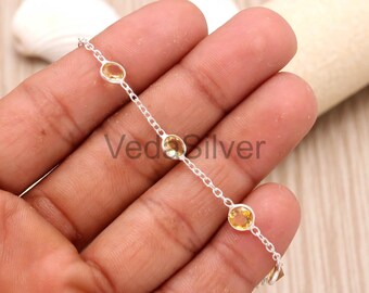 Natural Citrine 925 Sterling Silver Chain Bracelet November Birthstone Party Wear Round Shape Jewelry