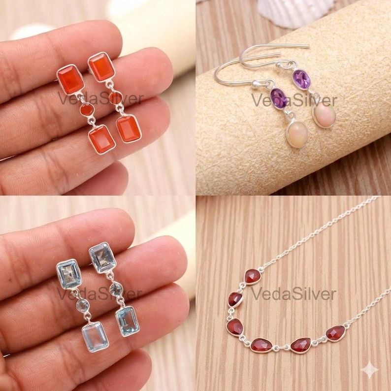 A four-panel grid showing different jewelry items including red, purple, and blue gemstone earrings and a matching necklace.
