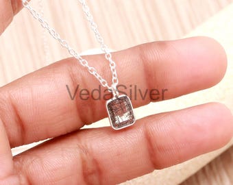 Natural Black Rutile Quartz Rectangle Pendant, 925 Sterling Silver Dainty Charm
