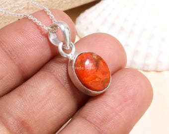 Pingente oval de coral vermelho, joia em prata de lei 925, pedra do mês de março.