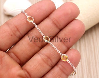 Pulseira de Citrino Natural em Prata de Lei 925 com Corrente - Pedra do Mês de Novembro - Formato Redondo - Joia Ideal para Festas